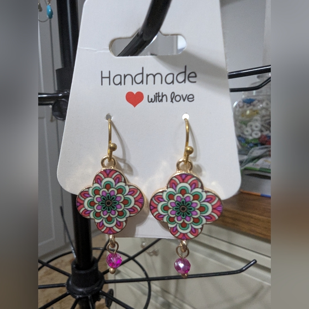 Pink and Green Filigree Crystal Earrings